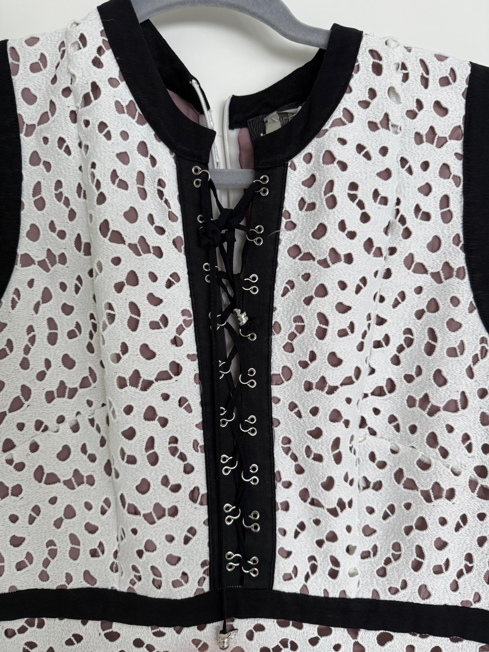 Justcavalli Sleeveless White Eyelet Dress with Black Trim and Brown Spot Details - Picture 2 of 4